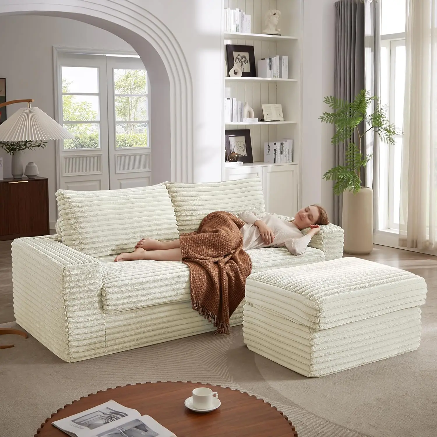 

4-Seater Corduroy L-Shaped Couch with Movable Ottoman, Oversized Comfy Couch with Zippered Backrest for Living Room
