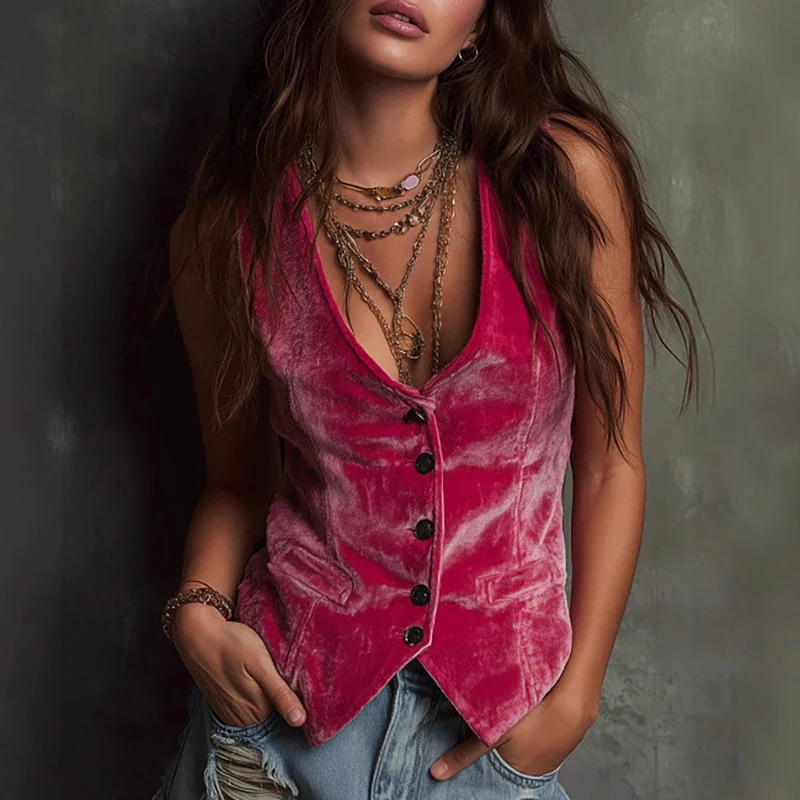 레트로 슬리브리스 벨벳 조끼 여성 가을 겨울 솔리드 컬러 크롭 재킷 캐주얼 싱글 브레스티드 스트리트웨어 아우터웨어 코트