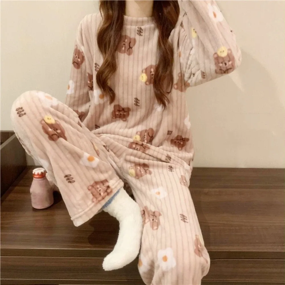 

Sweet Cute Bear Velvet Sleepwear Set Peach Flower Pajama Suit Long Sleeve Nightwear Winter Thick Warm Pajamas Girl Gift