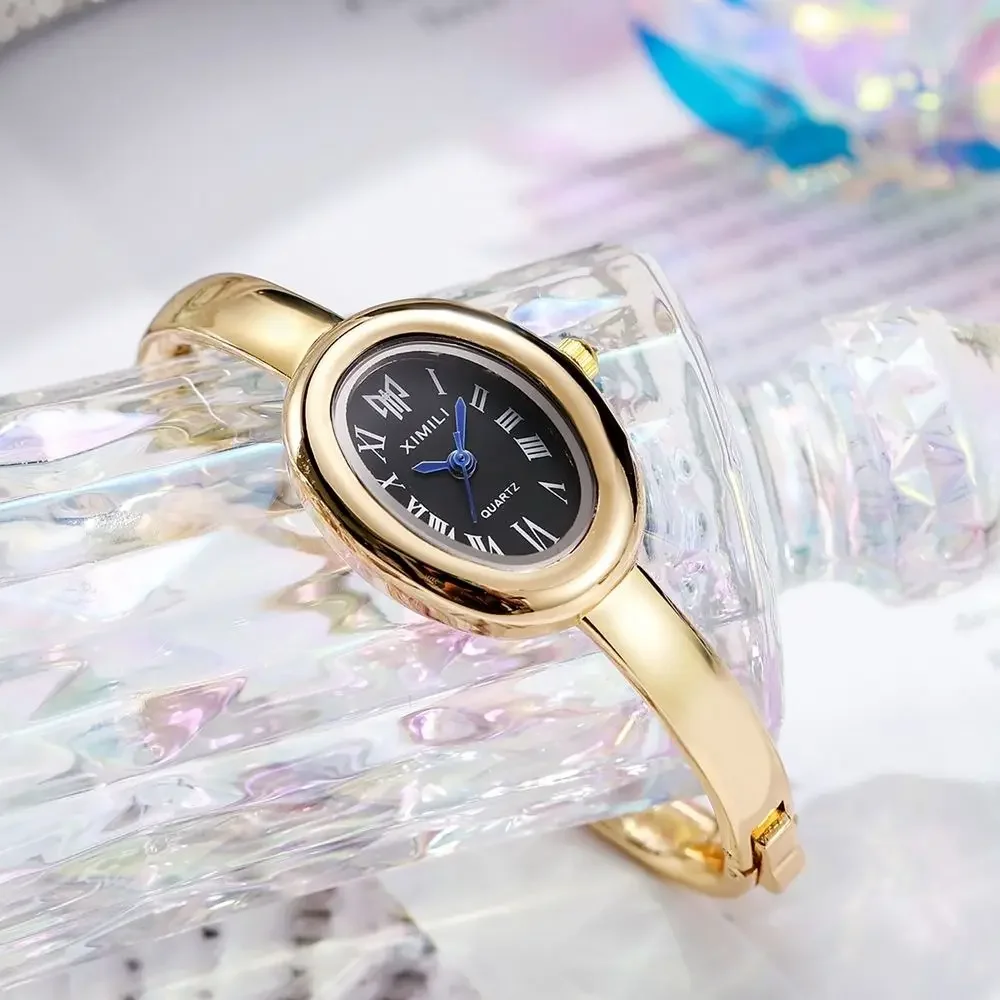 Vintage Elegant Oval Dial Bracelet Watch for Women Luxury Quartz Hidden Buckle Design Wristwatch as Stylish Fashion Accessory