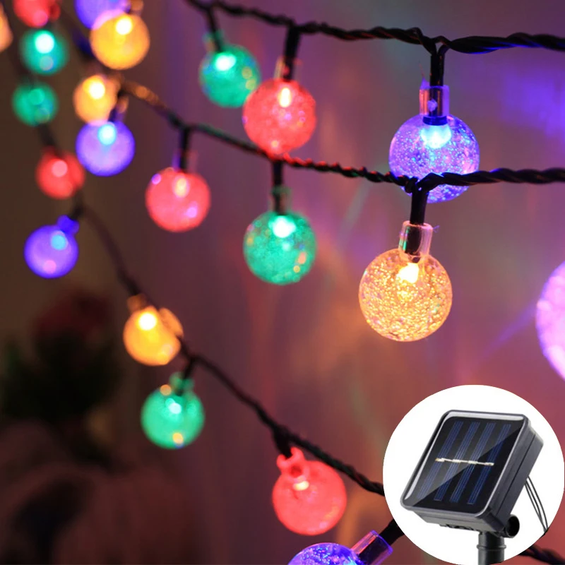 Solar Power LED Crystal Ball Festoon Light String EID Mubarak Wedding Fairy Lights Holiday Outdoor Patio Yard Garden Decoration