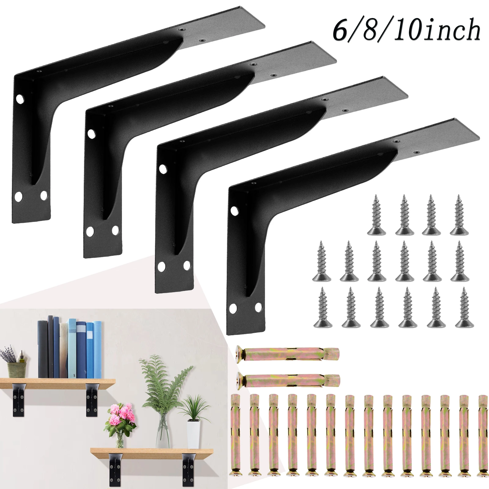 

4PCS Floating Shelf Brackets 6/8/10 inch Heavy Duty Wall Wall Shelf Bracket 160lbs Load Capacity Brackets For Shelves Support