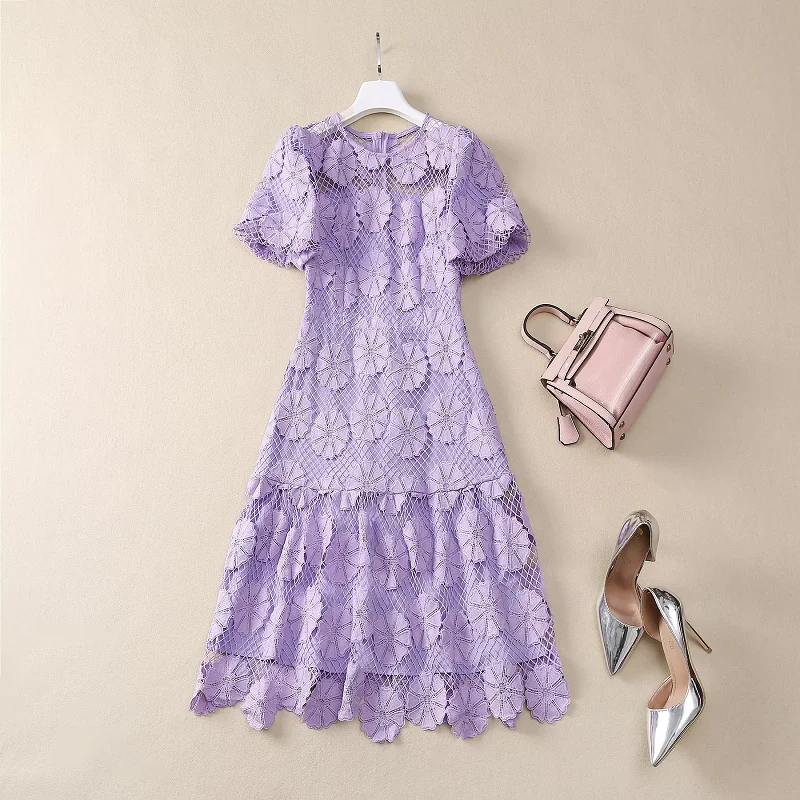 New 2025 Summer Hot Sale Dress High Quality Ladies Sexy Crochet Lace Embroidery Short Sleeve Mid-Calf Length Purple Dress Club