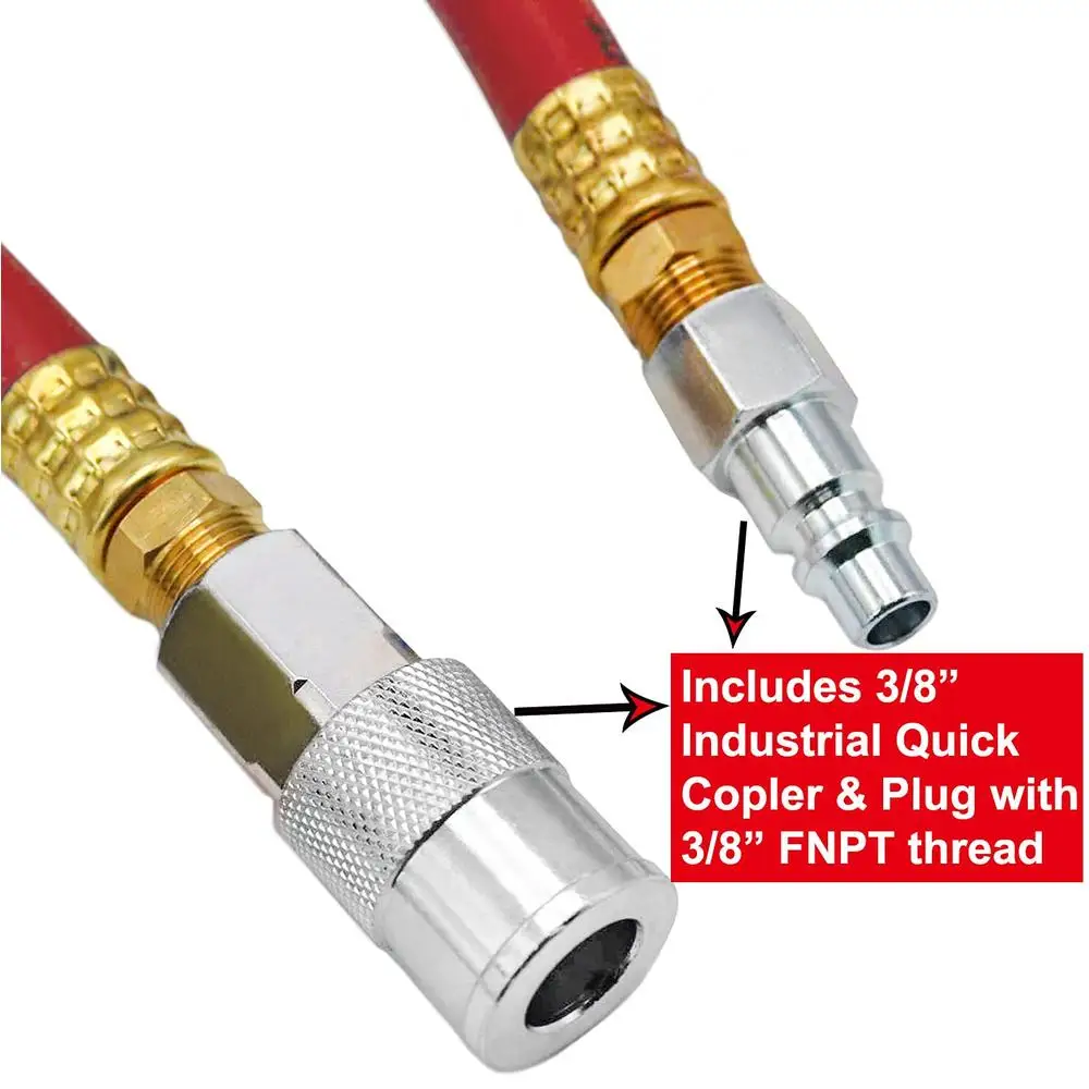 25피트 300PSI 하이브리드 에어 호스 1/2인치 헤비 듀티 꼬임 방지 메모리 유연성 없음 황동 피팅 1/4" 어댑터 전천후