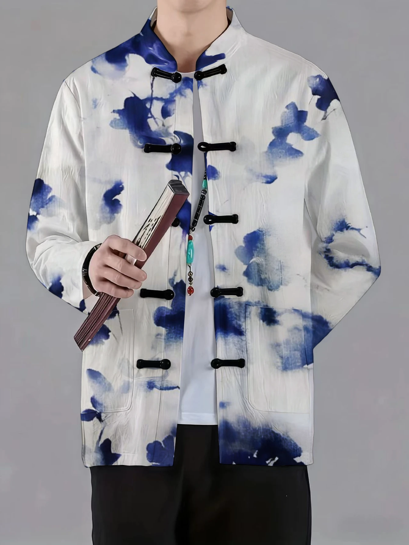 Men Men Mandarin Collar Frog Button Jacket Ethnic Feather Floral Ink Print Traditional Outerwear - Aliexpress Deal