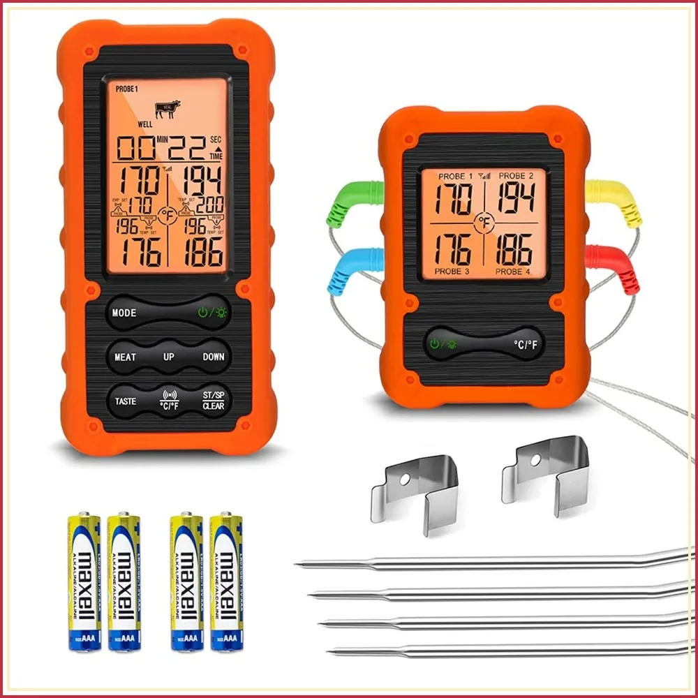 

Digital Wireless Meat Thermometer with 4 Probes for Grilling Smoking BBQ, Oven Safe Kitchen Baking Steak Turkey Candy