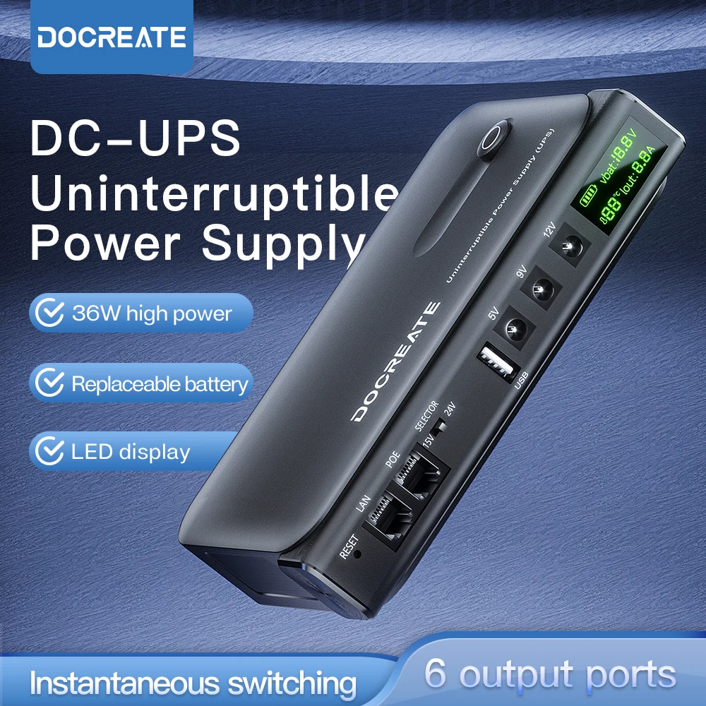 New EU Plug 36W DC1036L UPS Uninterruptible Power Supply 5V-24V Output 18650 Replaceable Battery for Router NAS Modem & Network