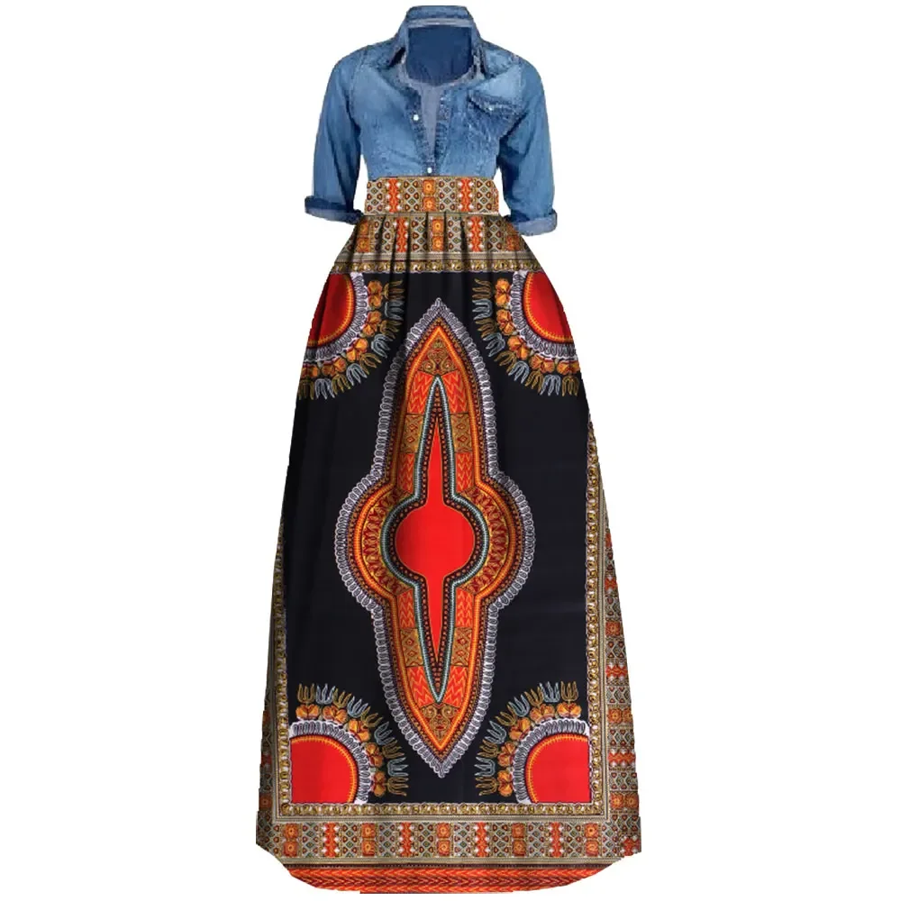 African Jave Print High Waist Maxi Skirt for Women, Vintage Ethnic Pattern A-line Long Skirt  WY106