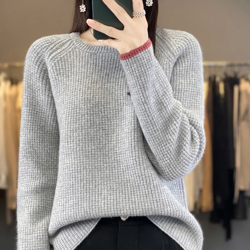 

2023 Autumn/Winter New 100% Wool Cashmere Sweater Women's O-Neck Knitted Thickened Pullover Loose Korean Fashion Women's Top