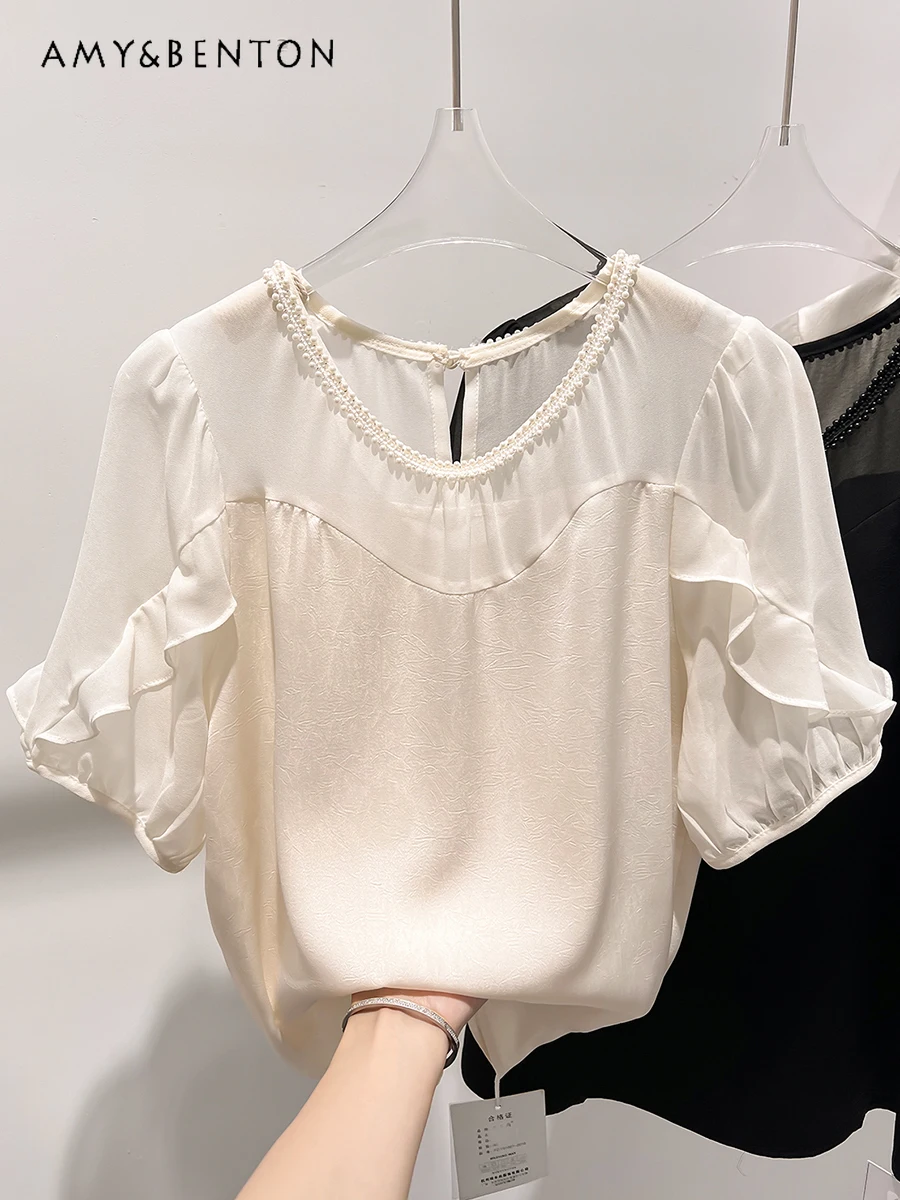 

Korea Elegant Slim Round Neck Beaded Ruffled Mesh Chiffon Shirt Women Summer New Commute Style Loose Slim Short Sleeve Shirts