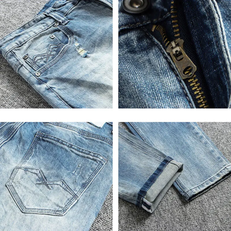 Fashion Designer Men Jeans High Quality Retro Light Blue Stretch Slim Fit Ripped Jeans Men Vintage Trousers Denim Pants Hombre