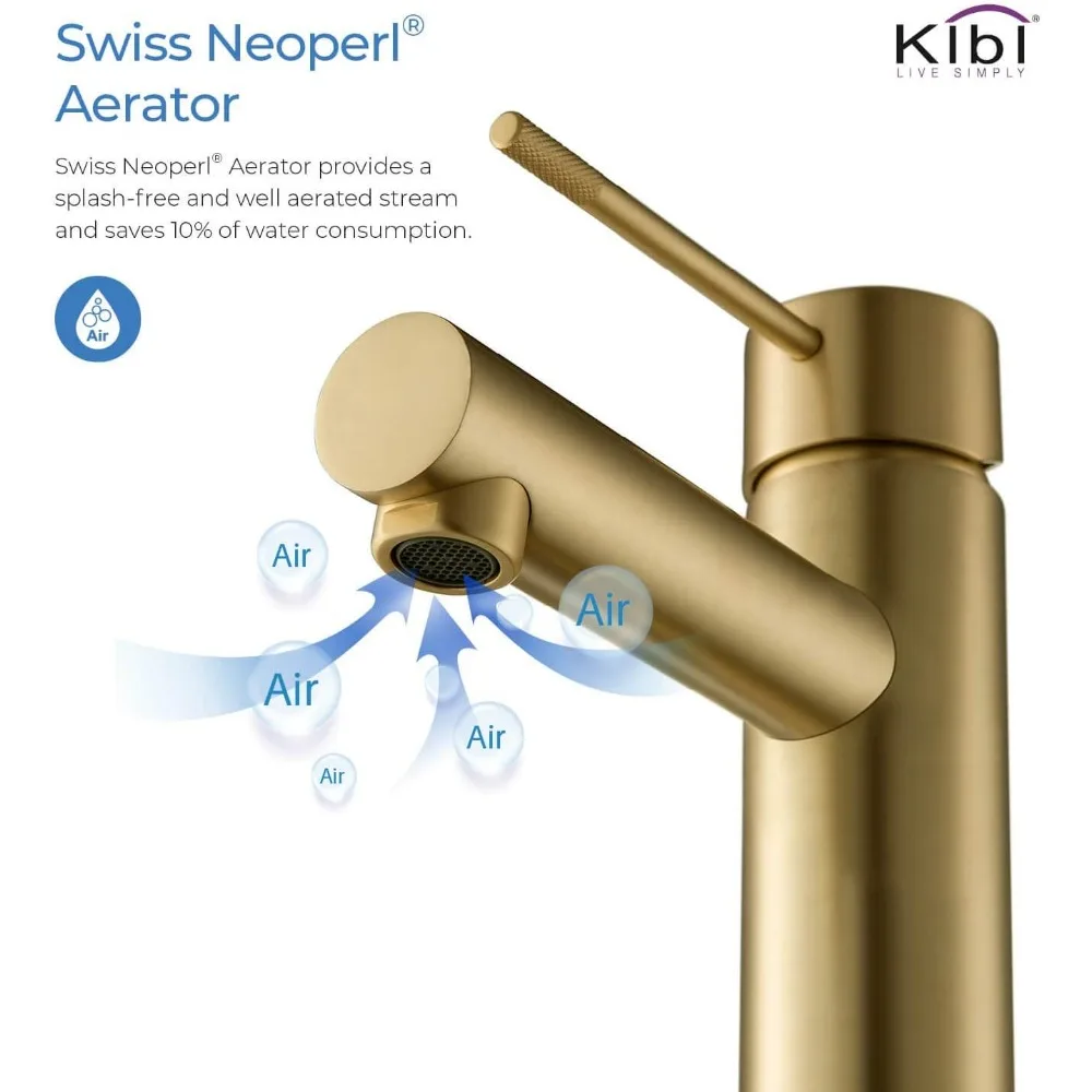 Keran Wastafel Kamar Mandi Kuningan dengan Tuas Tunggal, Pipa Keluar Tinggi, dan Pembuangan Pop-Up, Desain Melingkar untuk Wastafel Modern