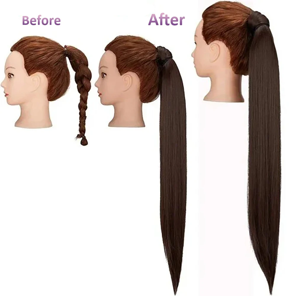 Extensión de cola de caballo larga y recta, envoltura alrededor, marrón oscuro, Clip en extensiones #2, cabello Remy brasileño, listo para usar