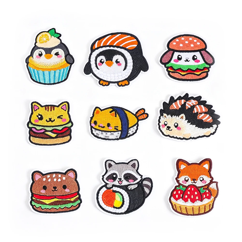 Kawaii Animal Food Embroidered Iron On Patch Cute Penguin Cat Fox Food Design For Kids Shirt Jacket Bag DIY Decor Sweet Kawaii