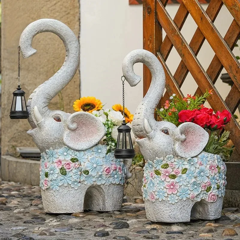 Solar Eco-friendly Resin Elephant Lamp Flower Pot Garden Ornament Outdoor Decor Balcony Courtyard Yard B&B Landscaping Layout