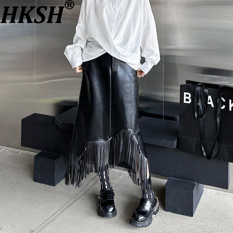 

HKSH весна осень новая женская юбка из искусственной кожи асимметричная кисточка трапециевидной формы темный панк универсальная уличная одежда элегантные юбки Ins HK13358