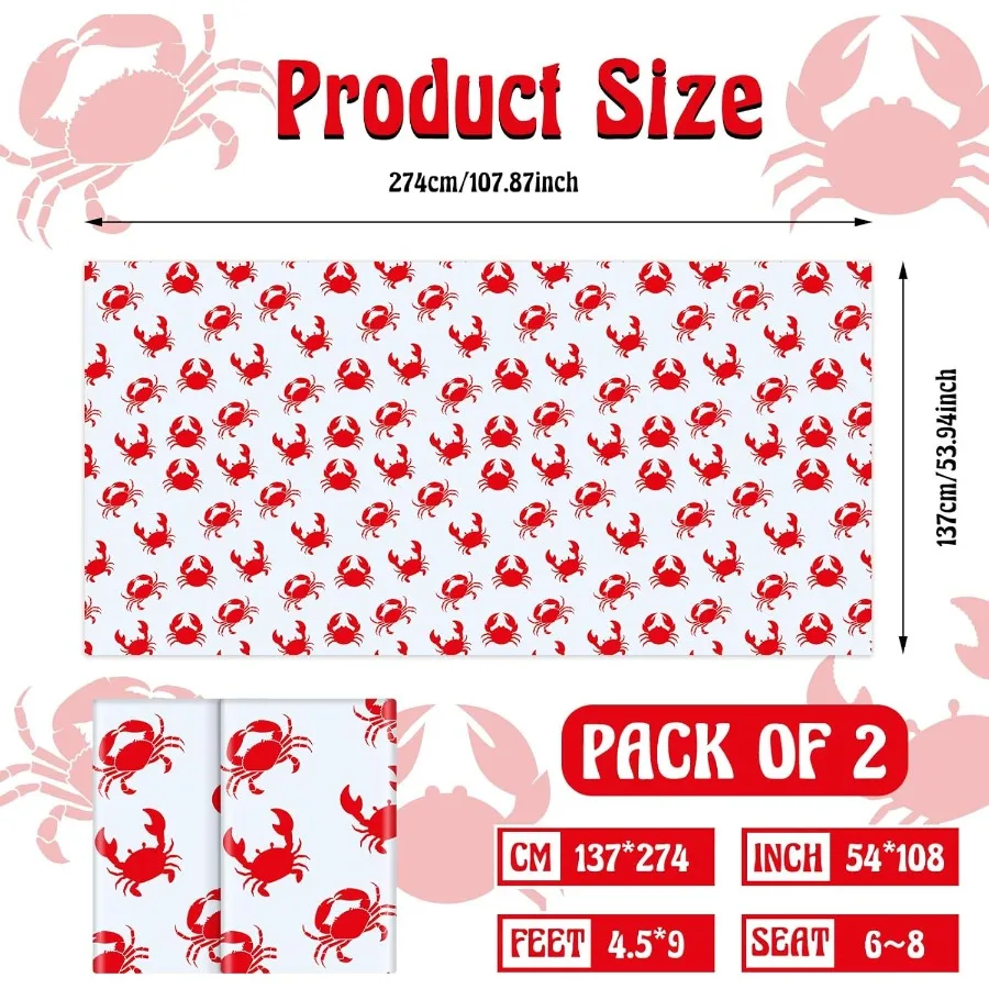 2枚入り 54 x 108インチ カニ蒸しパーティー用テーブルクロス 夏のシーフードパーティー用品 プラスチック製カニテーブルカバー装飾 長方形