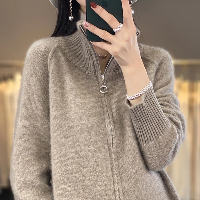 Fall/Winter 2023 New 100% Pure Wool Cardigan Women's Double Zipper High Neck Thick Loose Sweater Cashmere Tide