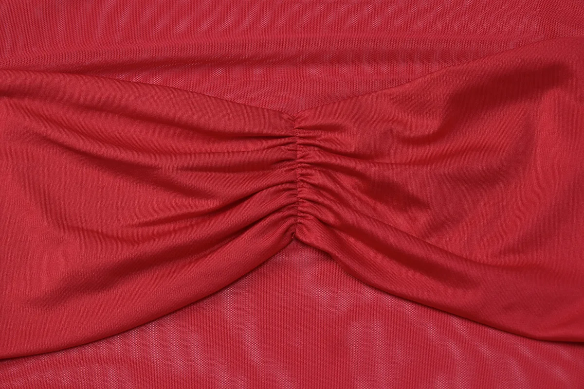 Frauen Durchsichtig Mesh Patchwork Geraffte Bodycon Mini Kleid Solide O Hals Volle Hülse Pfirsich Hüften Schlank Party Clubwear Streetwear