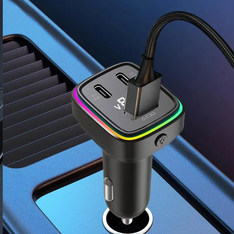 차량용 충전기 어댑터, 자동 USB C 어댑터, 휴대폰 충전기, 다채로운 주변 조명, 자동차 어댑터, 3 포트 고속 충전, 61W, 8 색