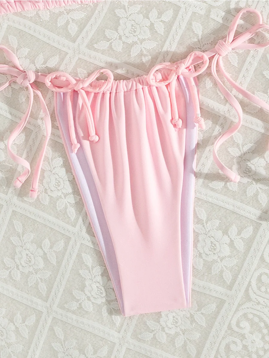 Conjunto de Bikini para mujer, traje de baño de 2 piezas de Color rosa con lazo y cordones, traje de baño triangular con cuello Halter y espalda descubierta, traje de baño para playa, novedad de 2025