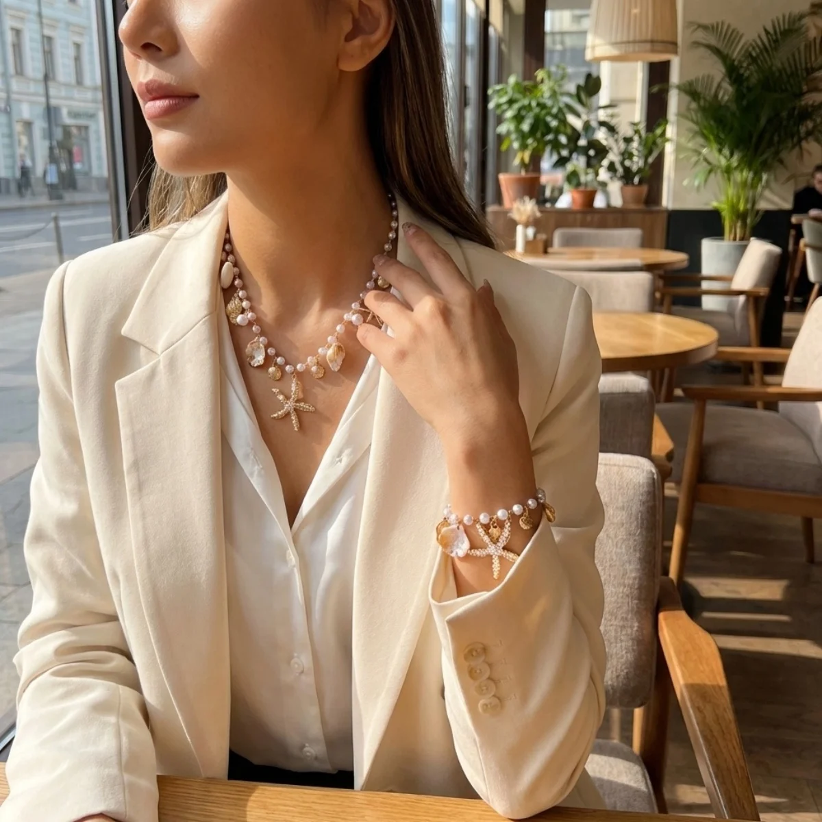 Imitationsperlen-Seestern-Muschel-Anhänger Halskette Armband Fußkettchen Set für Damen und Herren Boho Seestern Sommer Schmuckset – Detail 10