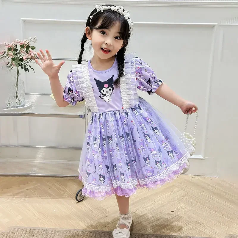 سانريو مرحبا كيتي الفتيات تي شيرت صيفي لوليتا فستان الأميرة موضة الأطفال kuromi فستان قصير الأكمام طفل تنورة منتفخة