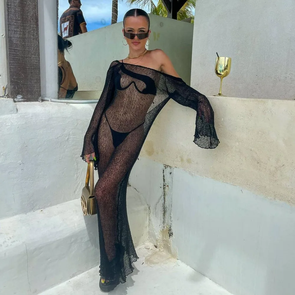 

2025 Black Knitted Beach Dress for Women Sexy See Through Slim Maxi Holiday Dresses Summer Long Sleeve Bikini Cover Up Dress