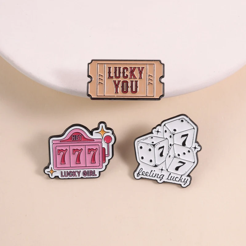 Hey Lucky Girl Enamel Pins Dice Lucky Number 777 Pink Slot Machine Jackpot Brooches Lapel Badge Jewelry Gifts for Friends ﻿