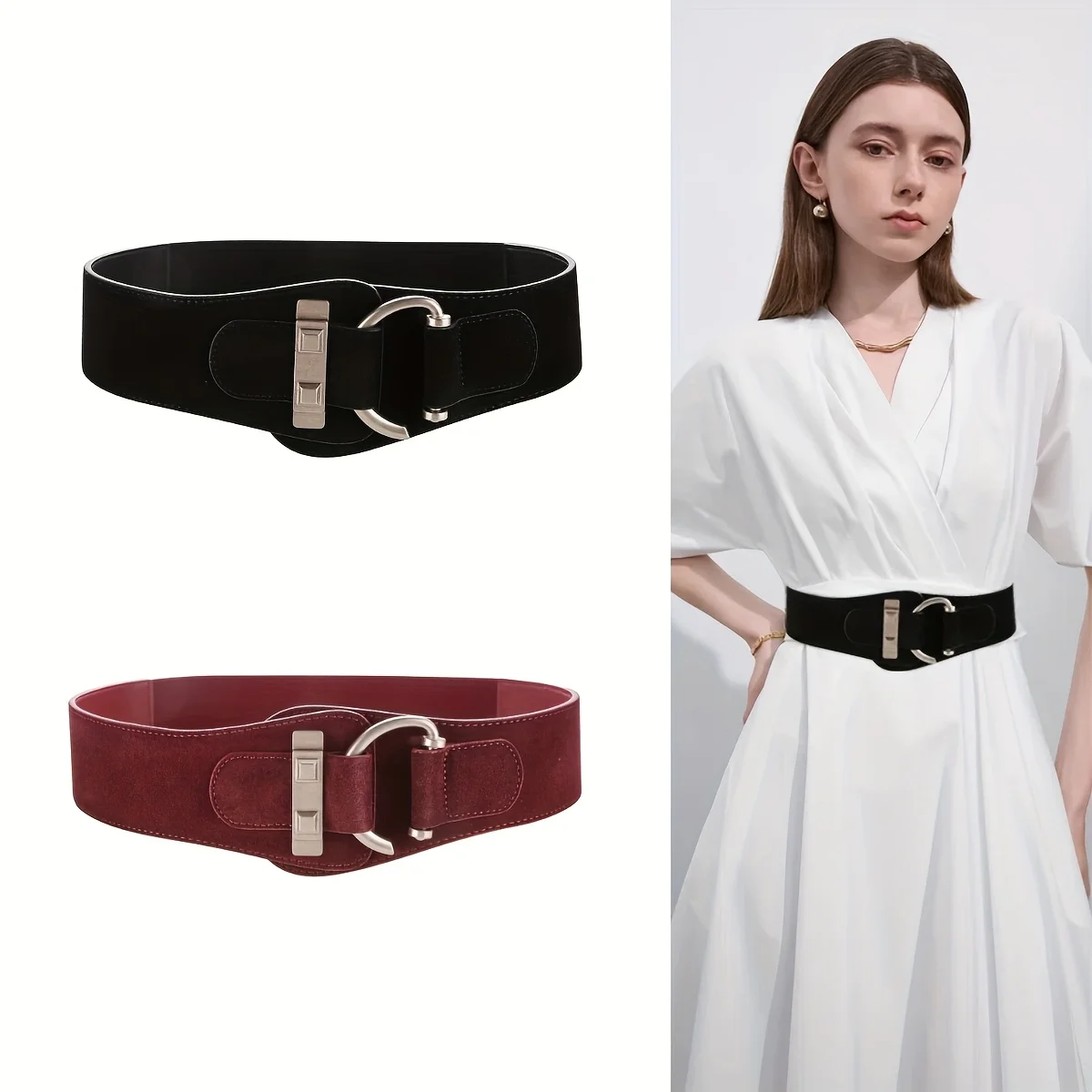 

Широкий женский ремень из натуральной кожи — винтажный замшевый пояс, коричневый и красный цвет в стиле ретро, для классической юбки-пальто