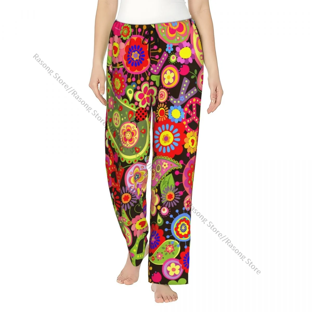 

Hippie Colorful Flowers Flannel Pajama Pants for Women Soft Warm Sleep Pants with Elastic Waistband