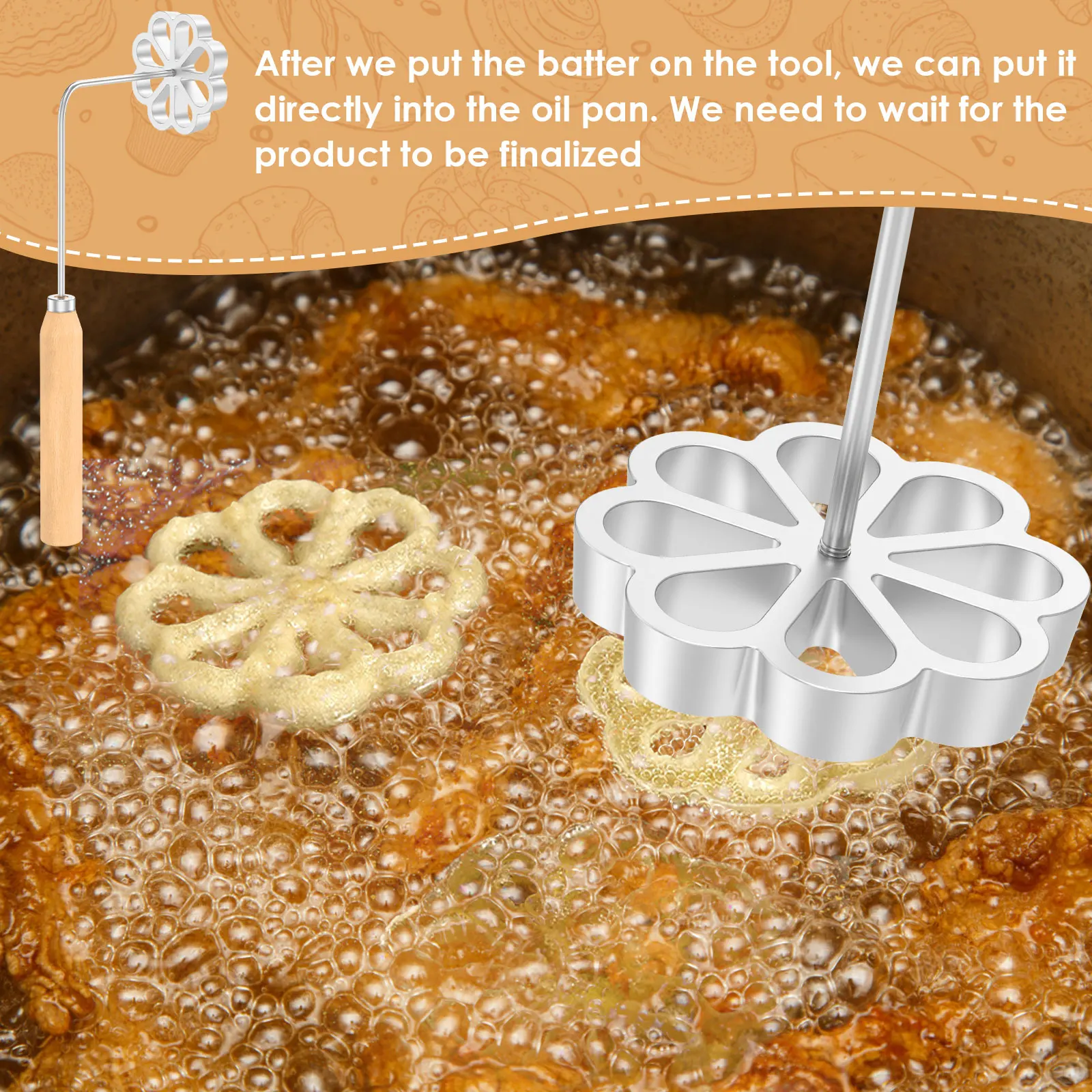 3Pcs Bunuelos Mold Set with 3 Wooden Handles Aluminum Alloy Rosette Molds Set Reusable Non-Stick Bunuelos Cookie Maker Mold