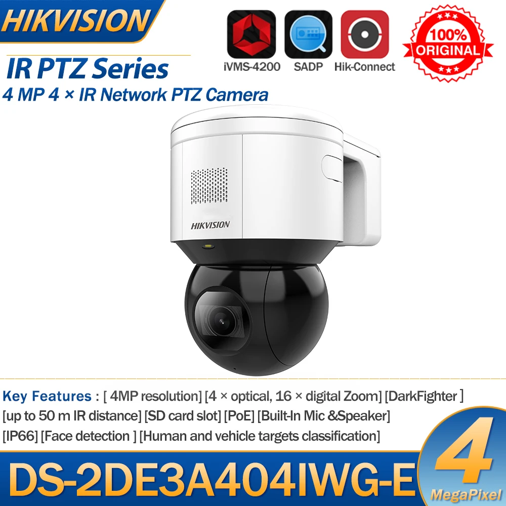 

Hikvision IP Camera 4MP DS-2DE3A404IWG-E 4X Zoom IR Mini PT Dome Speed Dome PoE Built-in Mic Speaker Audible Alarm With Bracket