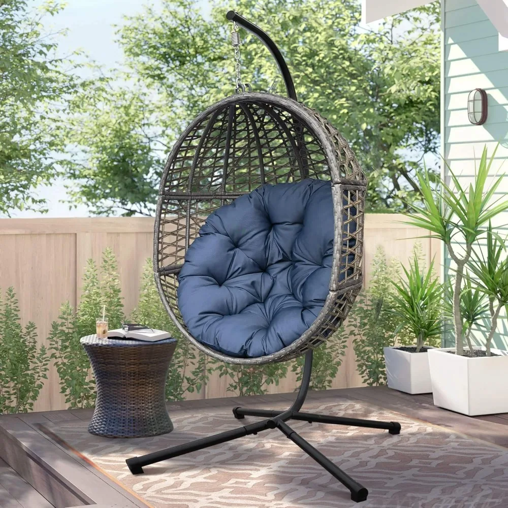 Outdoor Indoor Wicker Rattan Egg Hanging Chair with Stand,All-Weather Hammock Swing Chair with Navy Blue Cushion