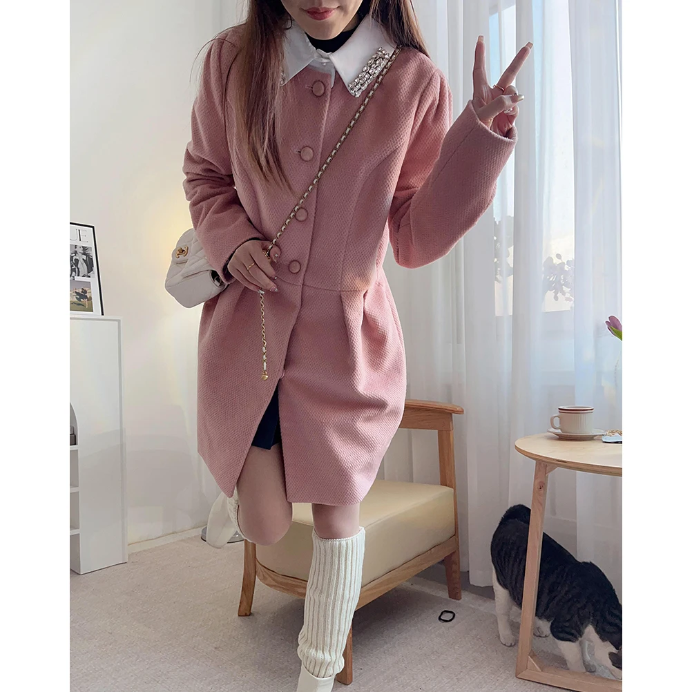 

Sweet Sle Detachable Diamond Embellied Woolen Coat Women's Loose Fit Long Sve Knot Waist Cinched Spring Coat
