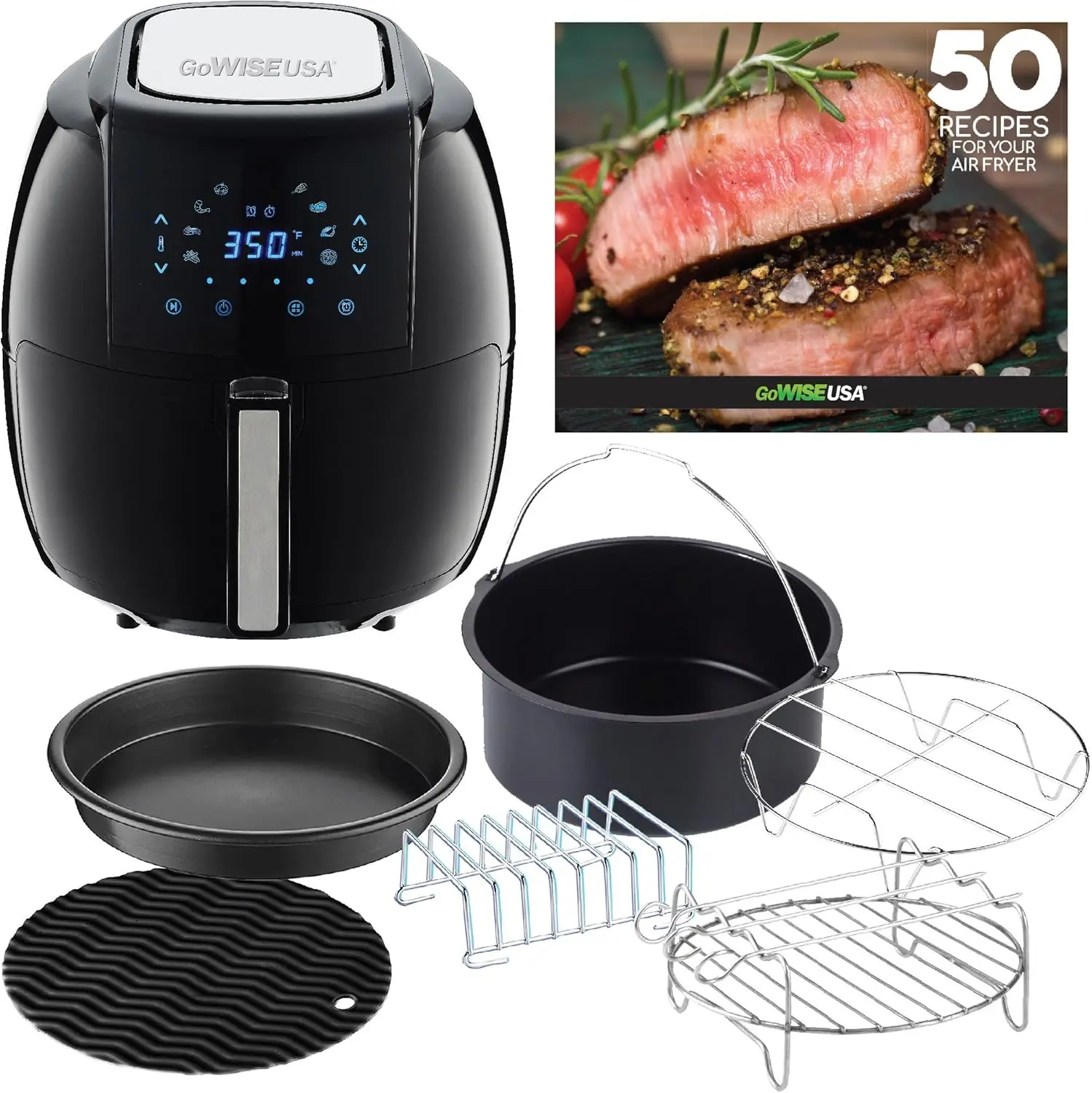 GWAC22003 5.8-Quart Air Fryer with Accessories, 6 Pcs, and 8 Cooking Presets + 100 Recipes (Black), Qt