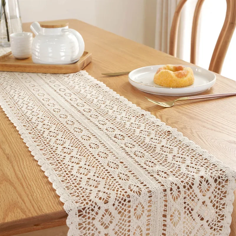 Lace Fringe Table Runner Vintage Pastoral Crochet Hollowed-out Dining Table Wedding Decor Coffee Table TV Cabinet Romantic Decor
