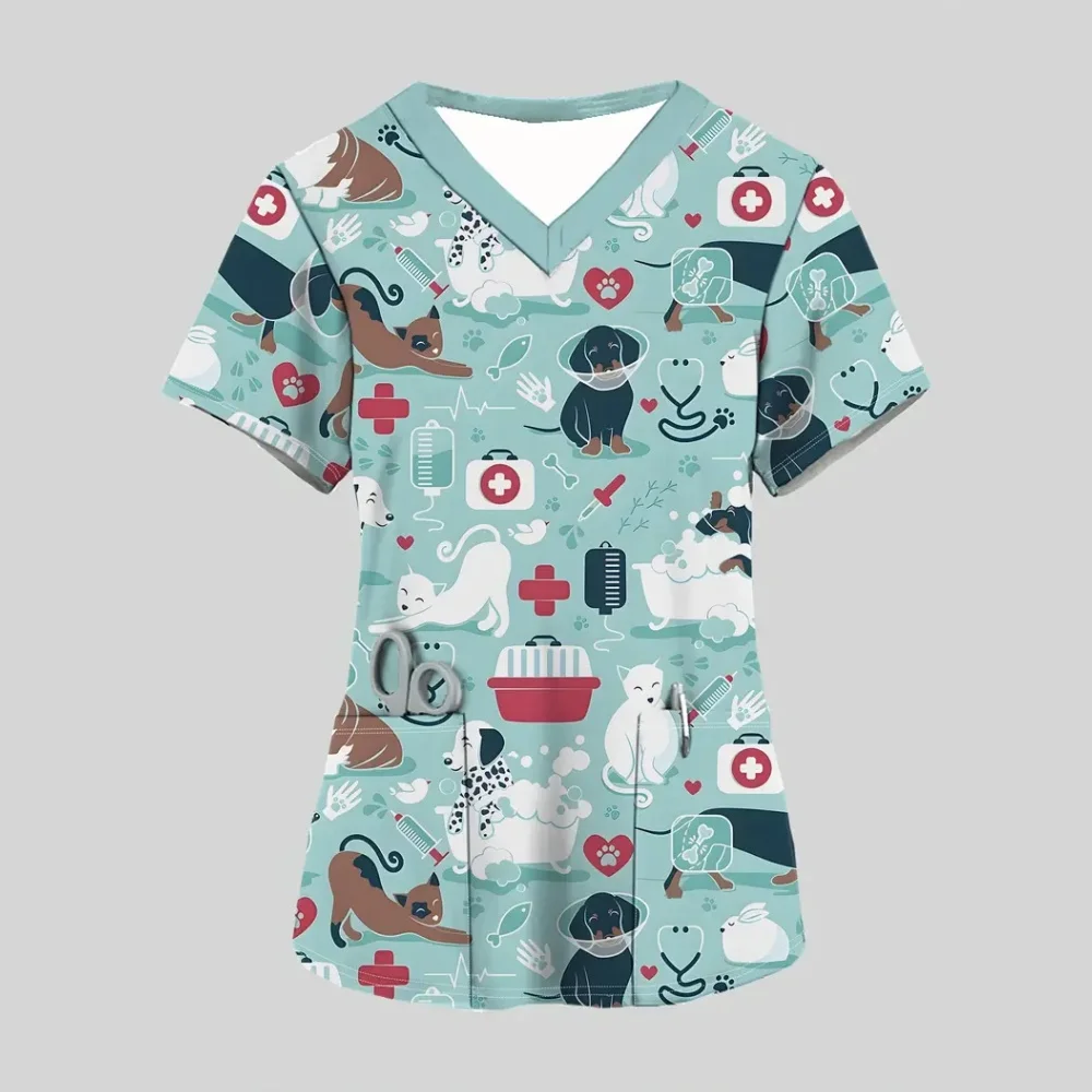 Słodki kot kreskówkowe mundury chirurgiczne kobieta moda letnia dekolt w serek Medico mikro-elastyczne krótkie rękawy naszywane kieszenie ubrania medyczne