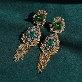 復古長綠色瑪瑙水滴耳環配件 女士花朵仿古金色流蘇吊墜 奢華設計師珠寶 10 最佳銷售 瑪瑙耳環 - №8