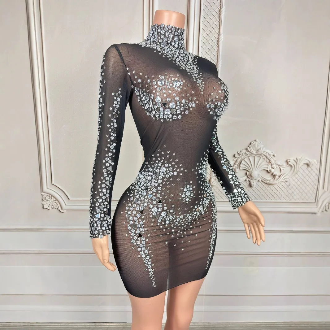 코스튬 나이트클럽 바 풀 다이아몬드 메쉬 긴팔 짧은 스커트 여성 가수 모델 걸 그룹 웨딩 파티 드레스