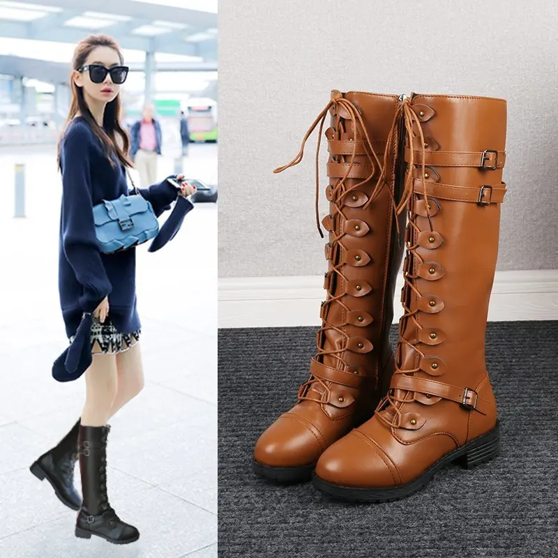 Vrouwen Knie Hoge Laarzen Herfst Winter Veters Platte Schoenen Sexy Steampunk Pu Retro Gesp Dames Schoenen Snowboots