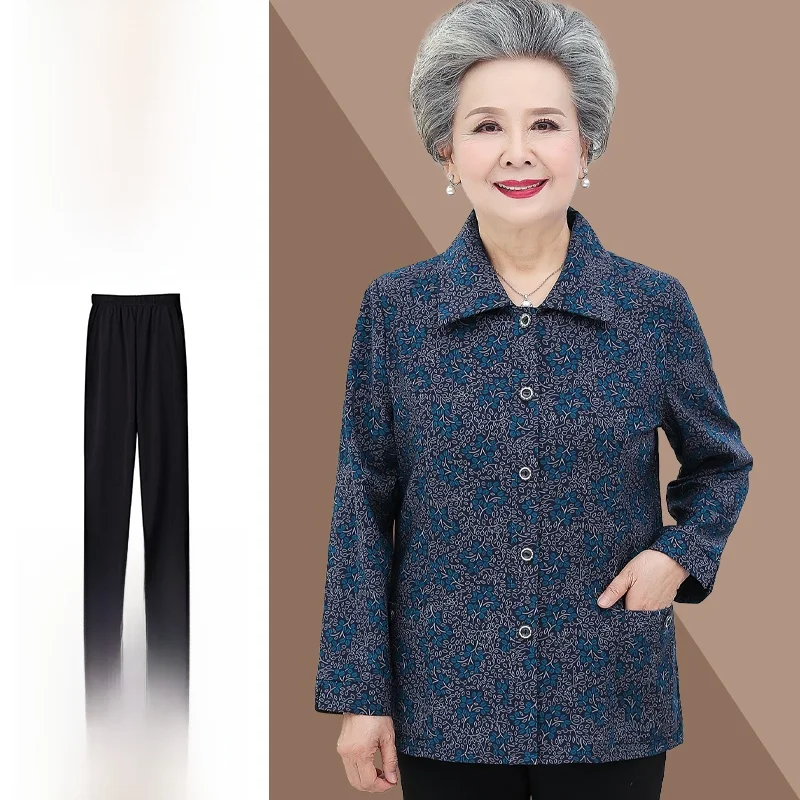 Floral Long Sleeve Shirt for Elderly Women Autumn Wear Thin Outerwear Casual Style Cotton Material Warmth for Elderly Women