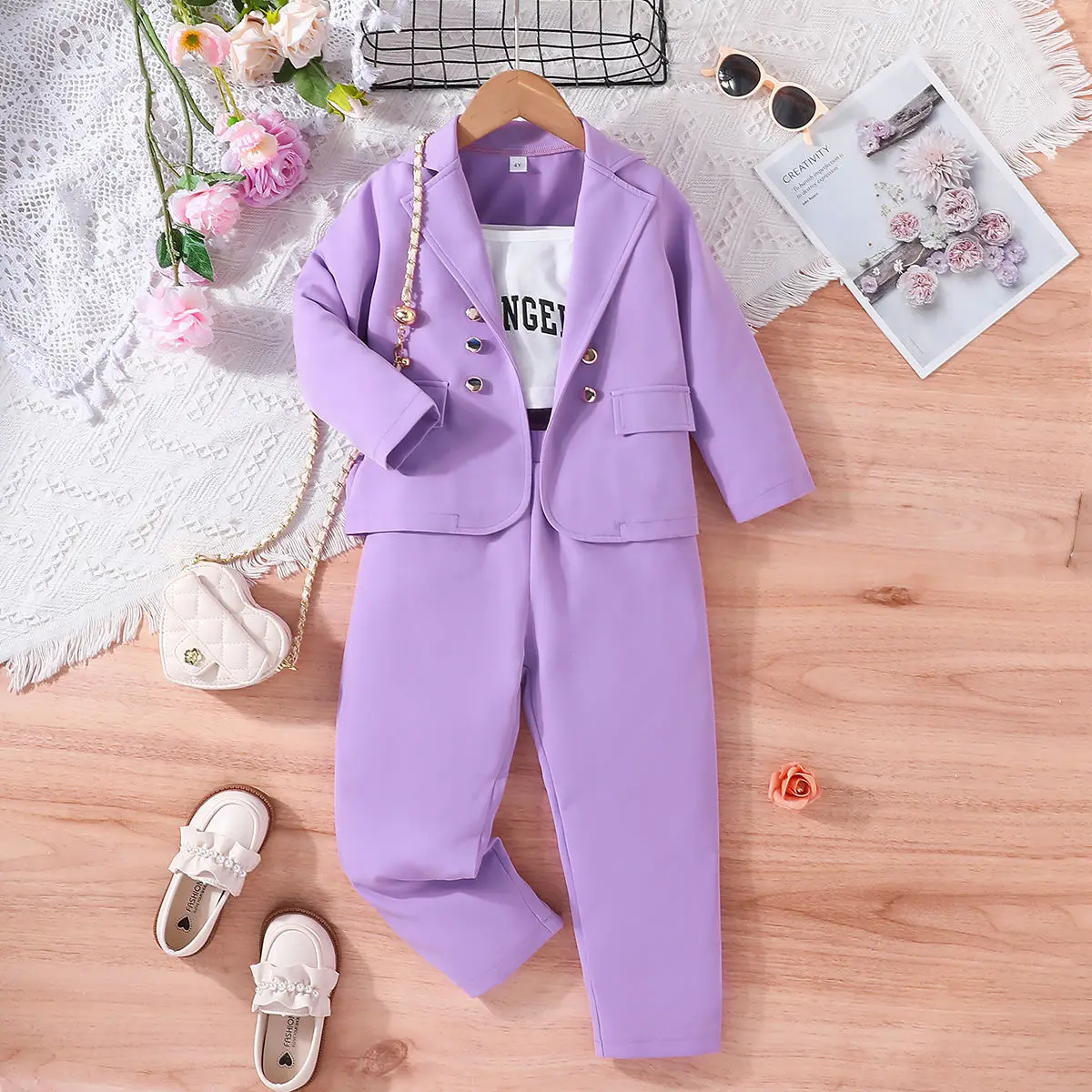 Children\'s Clothing Girls Suit Purple Loose Teenage Girls Outfits Set Casual Blazer Wide Leg Pants Three-Piece Autumn New 3-7Y