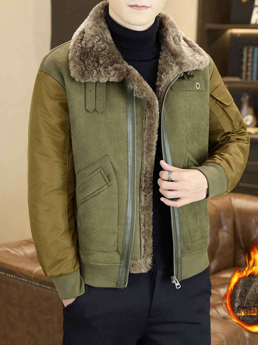 

Мужское кожаное пальто на меховой подкладке Jaet Thi, теплое морозостойкое хлопковое пальто с меховым воротником, повседневная застежка-молния в стиле милитари