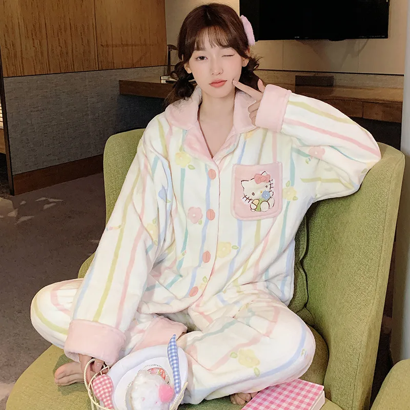 Sweet Girls Plush Pajamas Hello Kiity Female Flannel Thicken Warm Homewear Autumn Winter Long Sleeves Cardigan Lounge Clothes