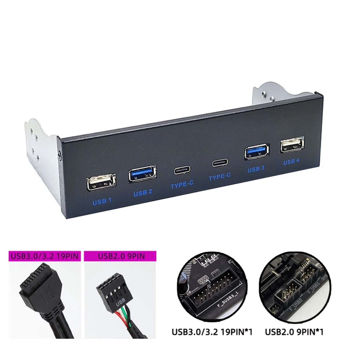 데스크탑용 USB 3.0 전면 패널, CD-ROM 드라이브 베이, 5.25 인치, USB3.0, 3.2, 19 핀, USB2.0, 9 핀, 2x USB C 타입, 2x USB3.0, 2x USB2.0