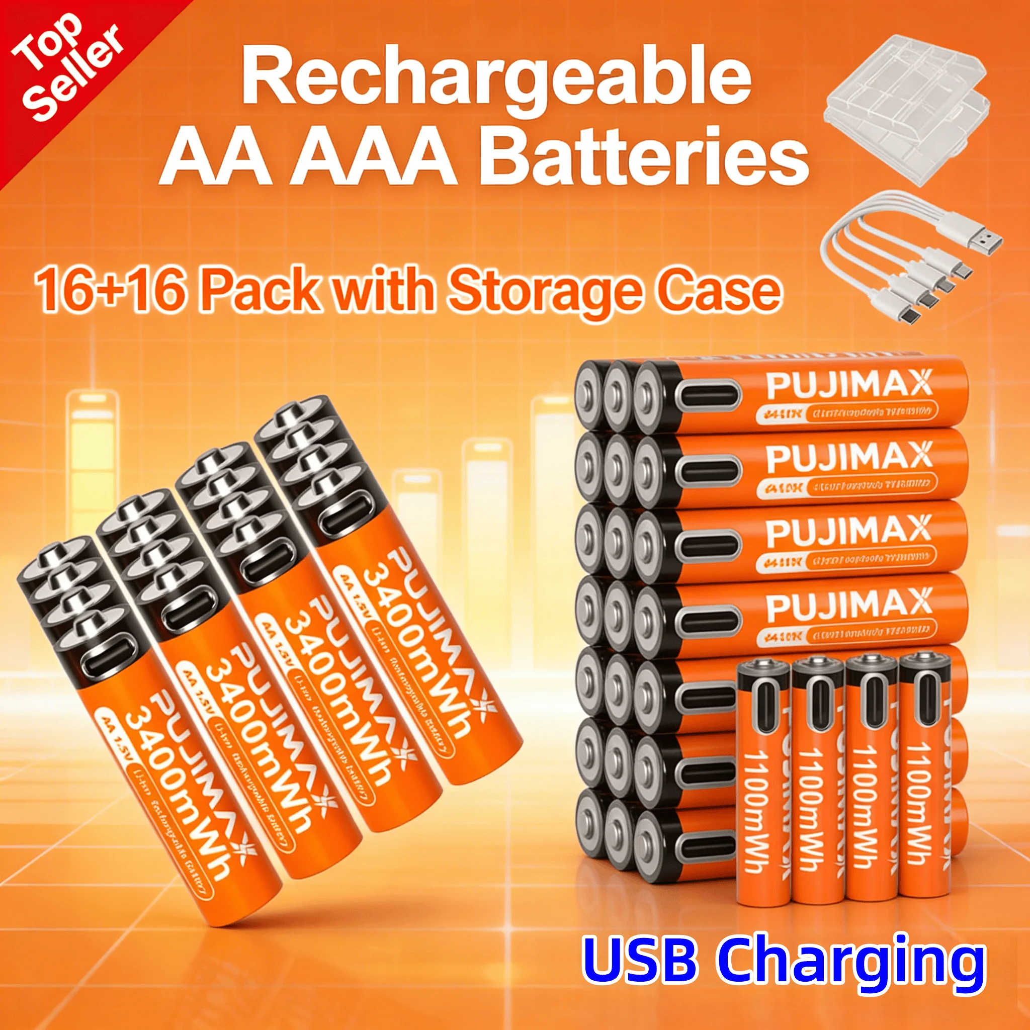 

NEW 1.5V AA AAA Rechargeable Lithium Battery 3400mWh 1100mWh, Type-C Charging 1500 Cycles for Alarm Clock, Remote, Toys