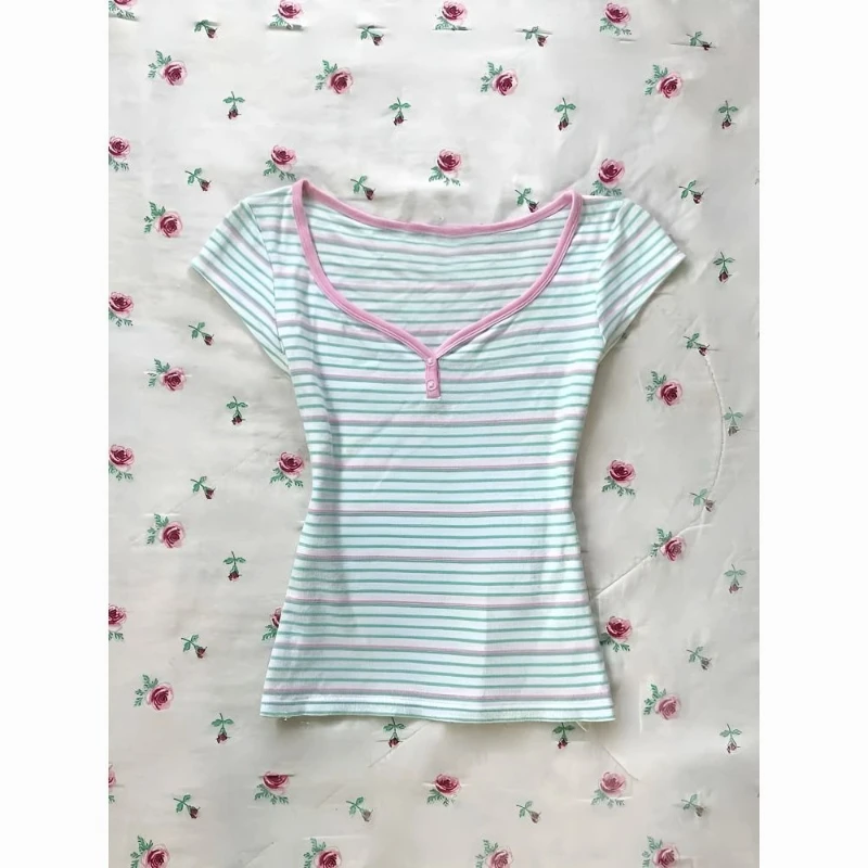 

Deeptown Y2k Vintage Striped T-Shirts Japanese Style Harajuku Short Sleeve Tees Spicy Girl Korean Style Summer Slim Up T-Shirts