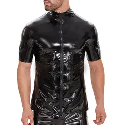 Plus Size Shiny PU Leather Shirts For Men Short Sleeve Full Zippper Glossy PVC Leather Tops Wetlook Male Slim Latex Casual Shirt