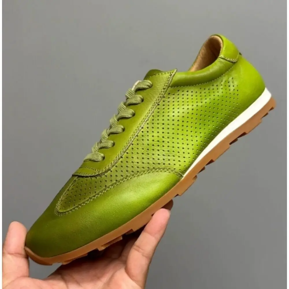 Fresh Avocado Green Perforated Leather Casual Shoes, with lightweight non-slip sole